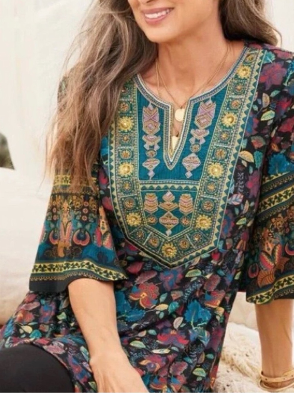 Soft Surroundings Toscana Embroidered Beaded Tunic Top - Picture 1 of 11